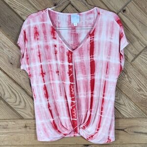 Sunday Tie Dye Top Women Small Twist Front V-Neck Short Sleeve Red Pink